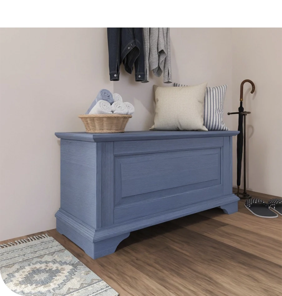 Particolare cassapanca in legno modello Ariette finitura mirtillo
