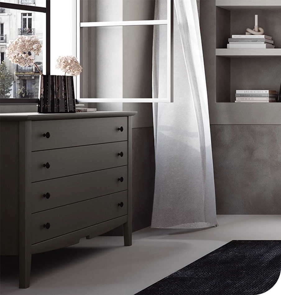 Comò shabby, legno laccato spazzolato grigio