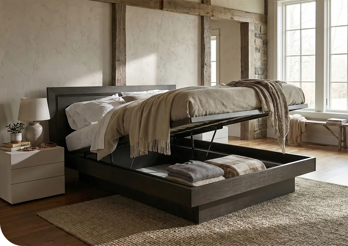 Letto contenitore con testiera in legno, design classico finitura scura