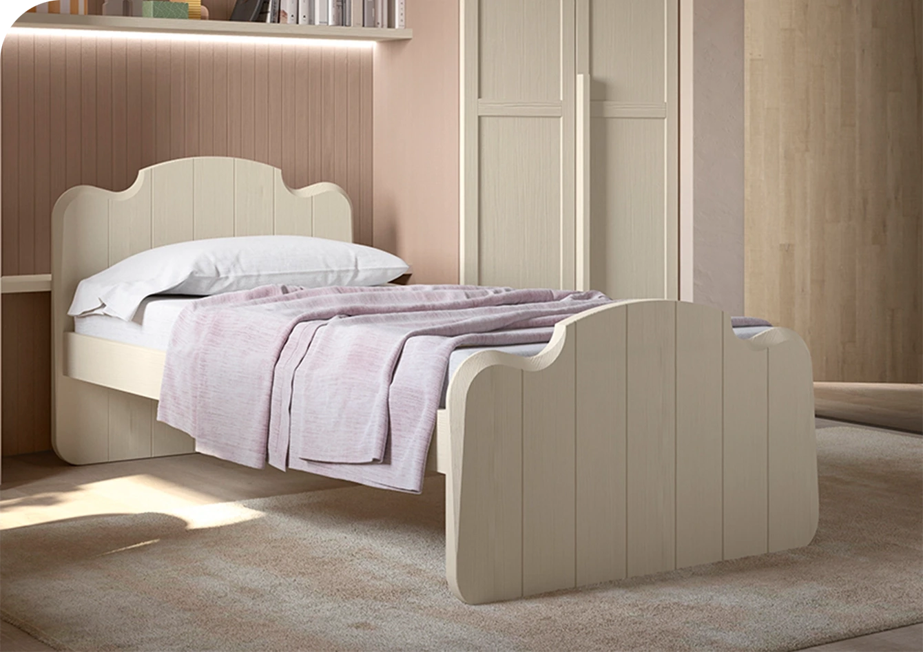 Letto in legno singolo o piazza e mezza, modello ONDA